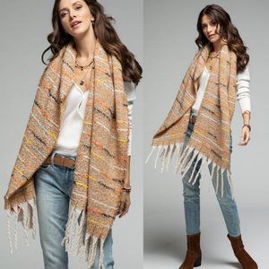 NEW Colorful Stitch with Metallic Glitz Soft Fringe Tassel Oblong Scarf Beige